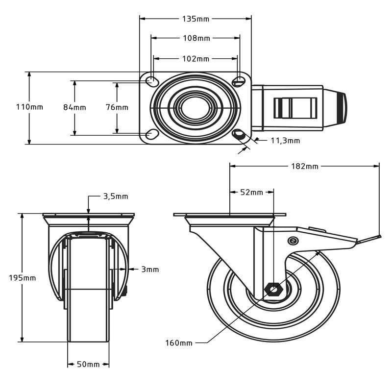 Gumowe kółka obrotowe z hamulcem 160 mm - łożysko kulkowe - 350 kg