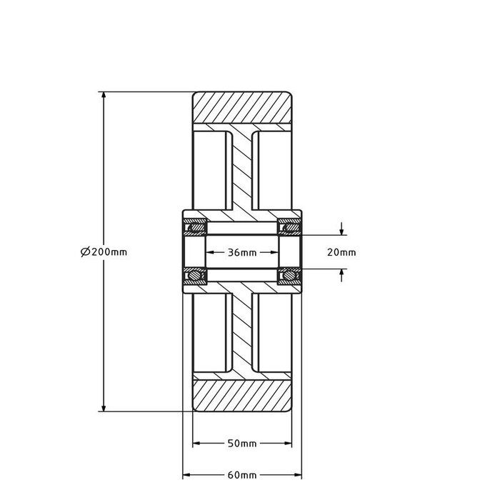 Kółko gumowe 200 mm - otwór łożyska kulkowego 20 mm - 400 kg