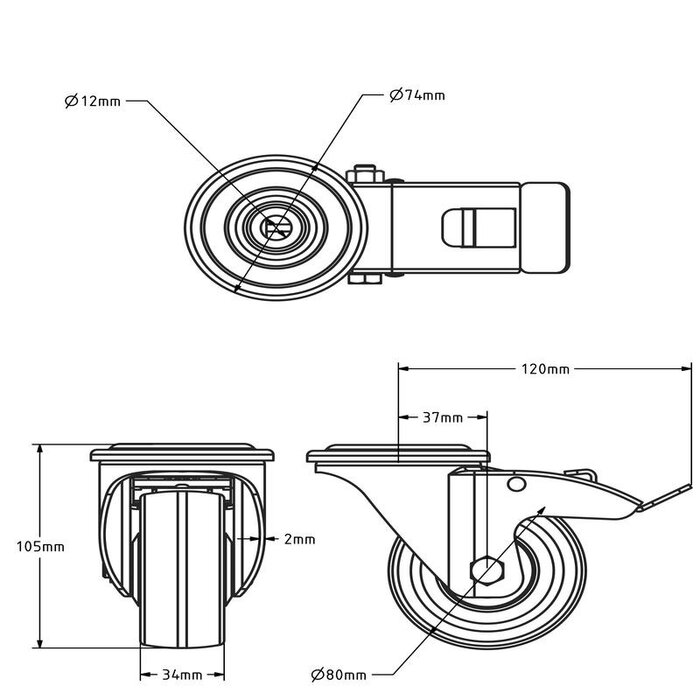 Stalowe kółko obrotowe PU z hamulcem 80 mm – otwór na śrubę – łożysko kulkowe – 120 kg
