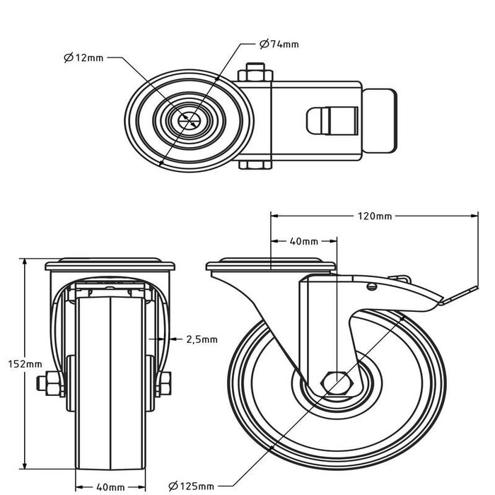 Kółko obrotowe ze stali nierdzewnej z hamulcem 125 mm Nylon - łożysko rolkowe - 200 kg