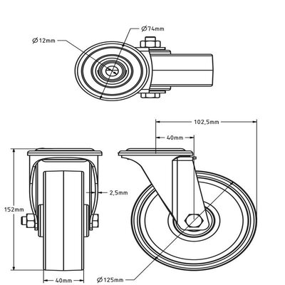 Kółko obrotowe ze stali nierdzewnej 125 mm Nylon - łożysko wałeczkowe - 200 kg