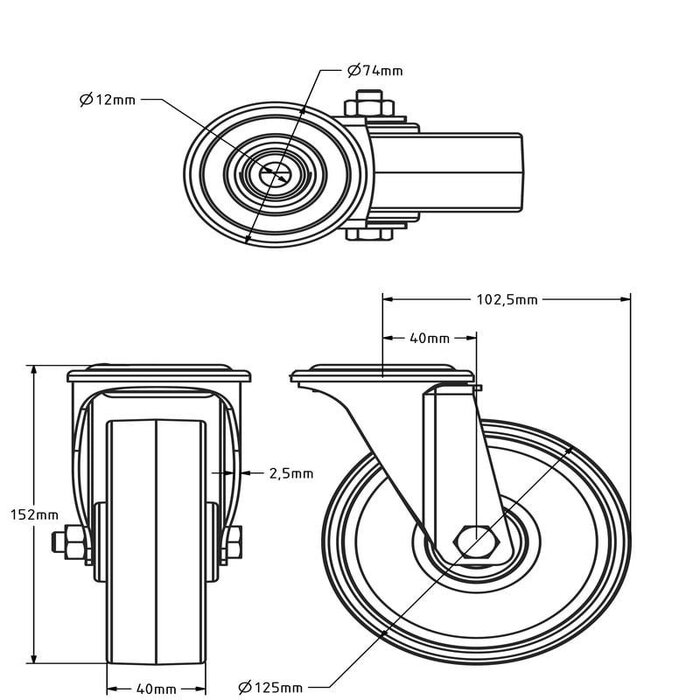 Kółko obrotowe ze stali nierdzewnej 125 mm Nylon - łożysko wałeczkowe - 200 kg