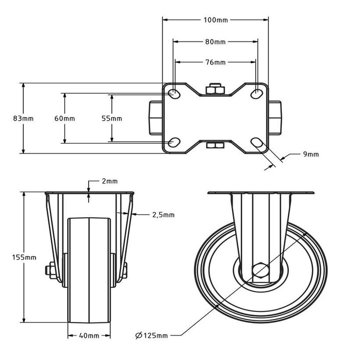 Kółko stałe ze stali nierdzewnej 125 mm Nylon - łożysko wałeczkowe - 200 kg