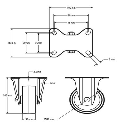 Kółko stałe ze stali nierdzewnej 80 mm Nylon - łożysko wałeczkowe - 120 kg