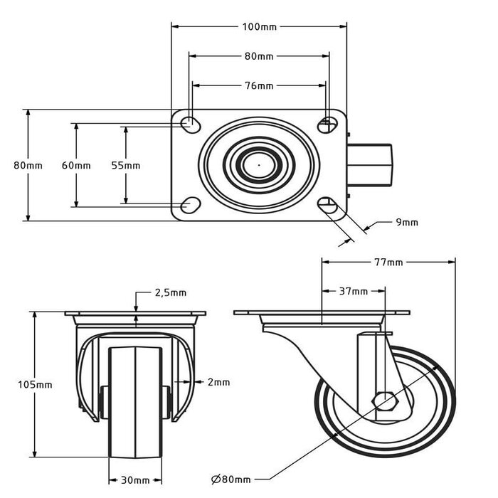 Kółko obrotowe ze stali nierdzewnej 80 mm Nylon - łożysko wałeczkowe - 120 kg