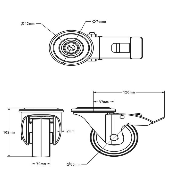 Kółka obrotowe ze stali nierdzewnej z hamulcem 80 mm - Nylon - 120 kg