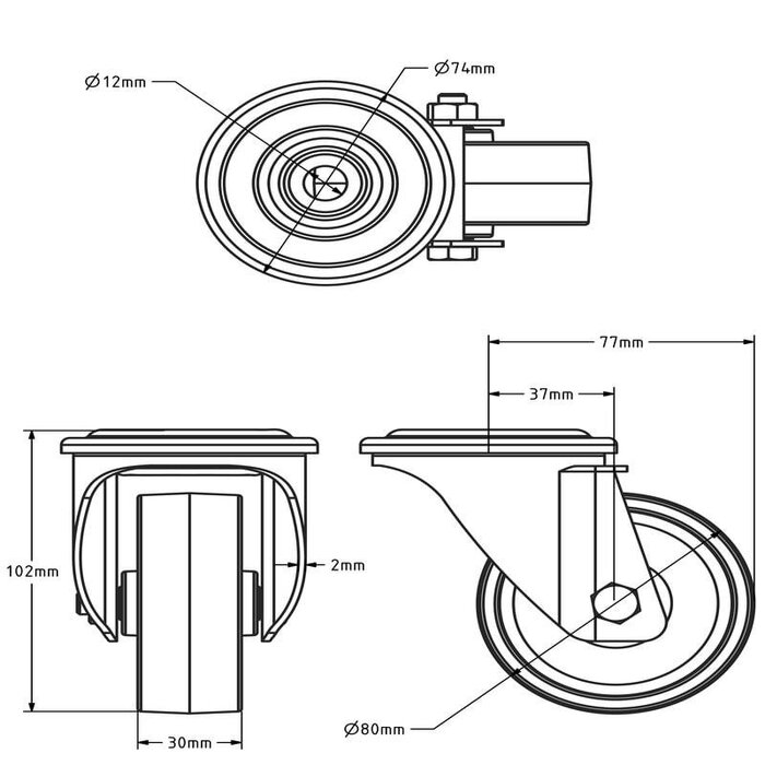 Kółka obrotowe ze stali nierdzewnej 80 mm - Nylon - 120 kg