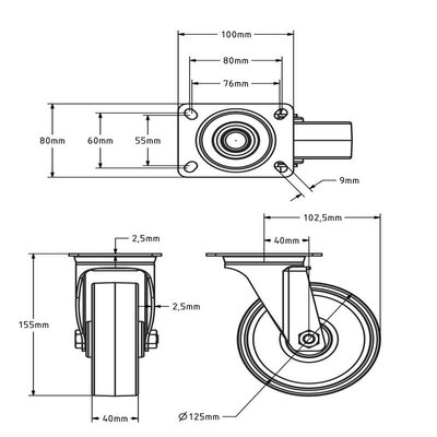 Kółka obrotowe ze stali nierdzewnej 125 mm - Nylon - 150 kg