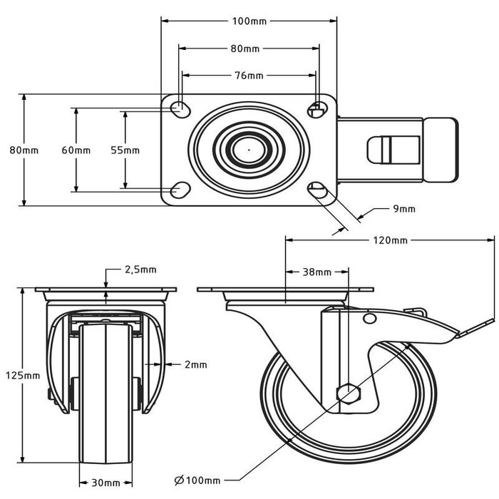 Kółka obrotowe ze stali nierdzewnej z hamulcem 100 mm - Nylon - 150 kg