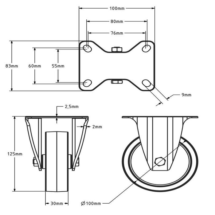 Kółko stałe ze stali nierdzewnej 100 mm - Nylon - 150 kg