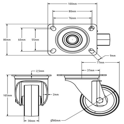 Kółka obrotowe ze stali nierdzewnej 80 mm - Nylon - 120 kg