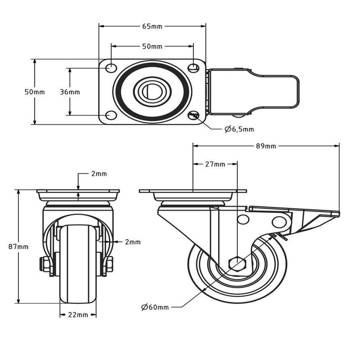 Kółka obrotowe ze stali nierdzewnej z hamulcem 60 mm - Guma - 40 kg