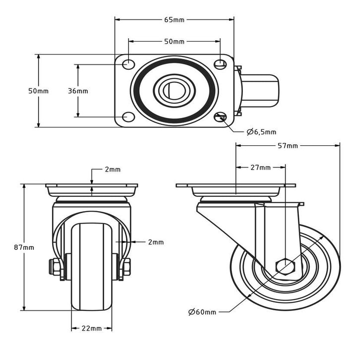 Kółka obrotowe ze stali nierdzewnej 60 mm - Guma - 40 kg