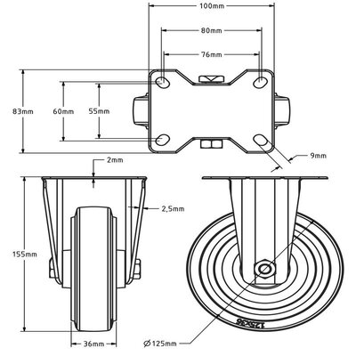 Kółko stałe ze stali nierdzewnej 125 mm - Elastyczna guma - 190 kg