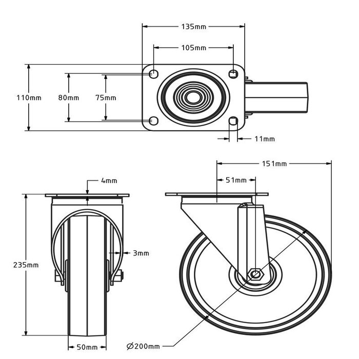 Kółka obrotowe ze stali nierdzewnej 200 mm - Nylon - 500 kg