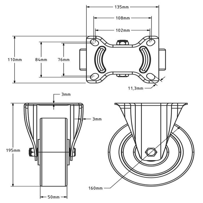 Kółko stałe gumowe 160 mm - łożysko kulkowe - 350 kg