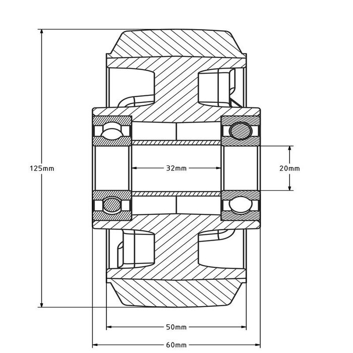 Kółko gumowe 125 mm - otwór łożyska kulkowego 20 mm - 300 kg