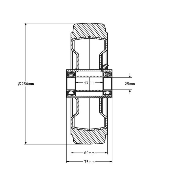 Kółko gumowe 250 mm - otwór łożyska kulkowego 25 mm - 850 kg