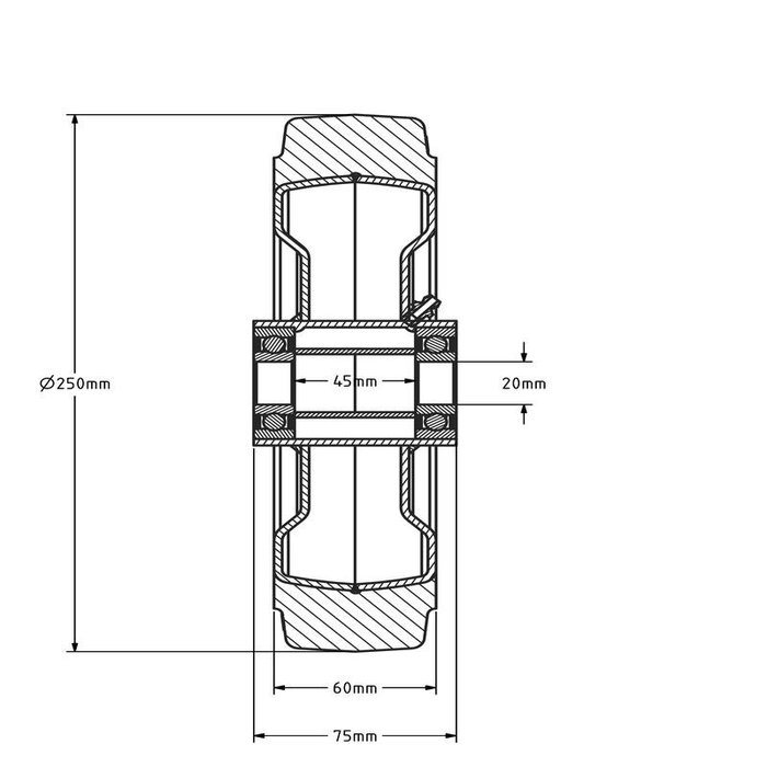Kółko gumowe 250 mm - otwór łożyska kulkowego 20 mm - 850 kg