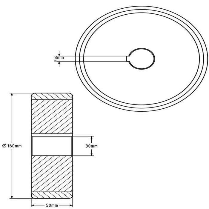 Poliuretan kóło napędowe 160x50 mm - Otwór 30 H7 wpust - 800 kg