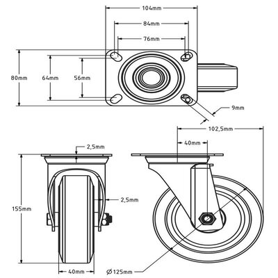 Gumowe kółko obrotowe 125 mm - łożysko kulkowe - 200 kg
