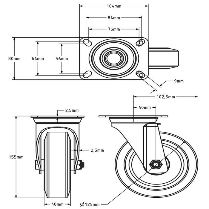 Gumowe kółko obrotowe 125 mm - łożysko kulkowe - 200 kg