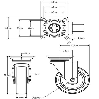 Kółka obrotowe ze stali nierdzewnej 75 mm - Guma - 60 kg