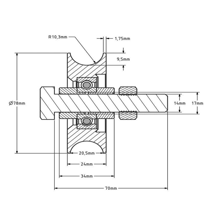 Koło rowkowane 80 mm z rowkiem U - 200 kg