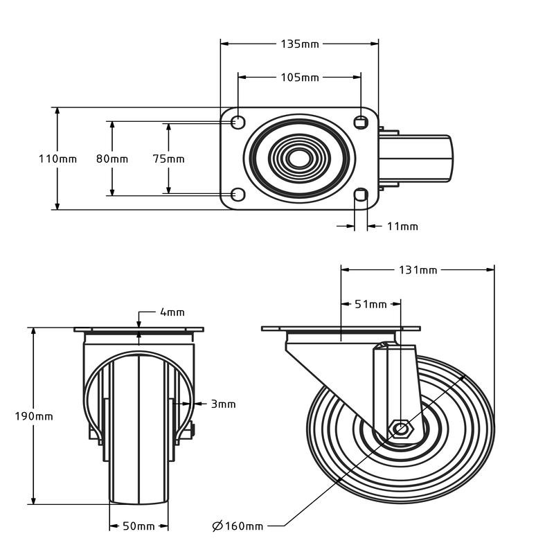 RVS PU kółko obrotowe 160 mm - łożysko kulkowe - 450 kg