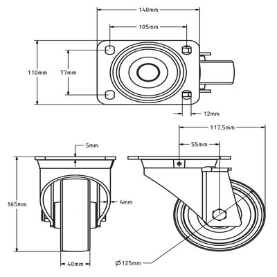 Wytrzymałe kółka obrotowe ze stali nierdzewnej 125 mm - Nylon - 700 kg