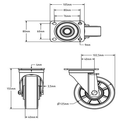 Kółko obrotowe PU 125 mm - łożysko kulkowe - 350 kg