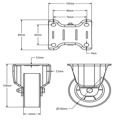 Kółko stałe PU 100 mm - łożysko kulkowe - 300 kg