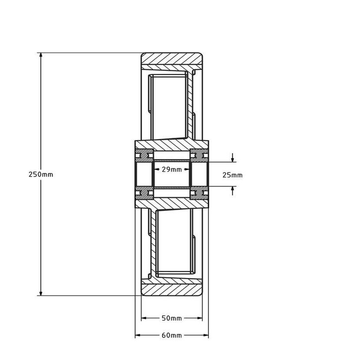 Kóło PU 250 mm - otwór łożyska kulkowego 25 mm - 1000 kg
