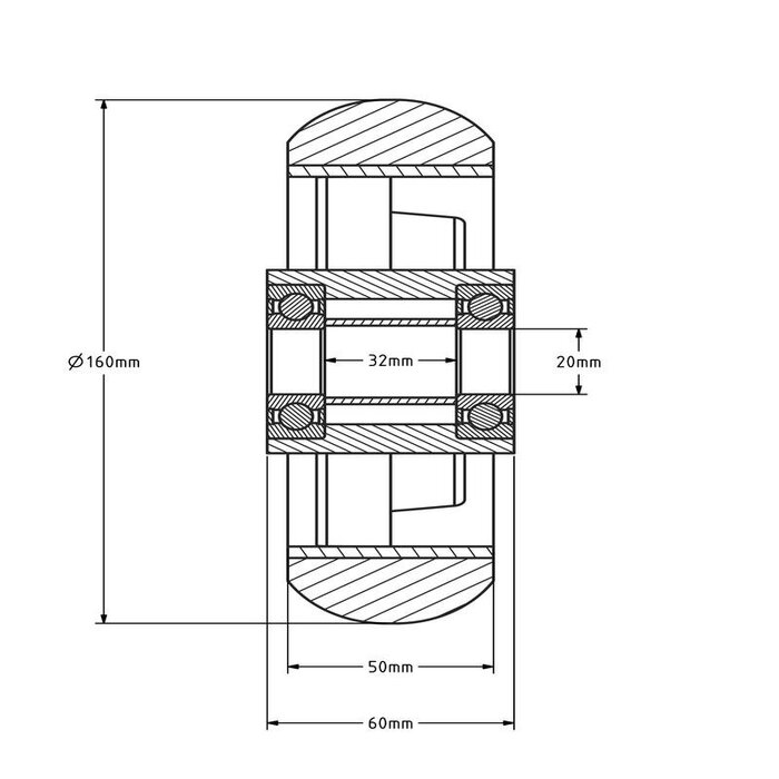 Kóło PU 160 mm - otwór łożyska kulkowego 20 mm - 500 kg