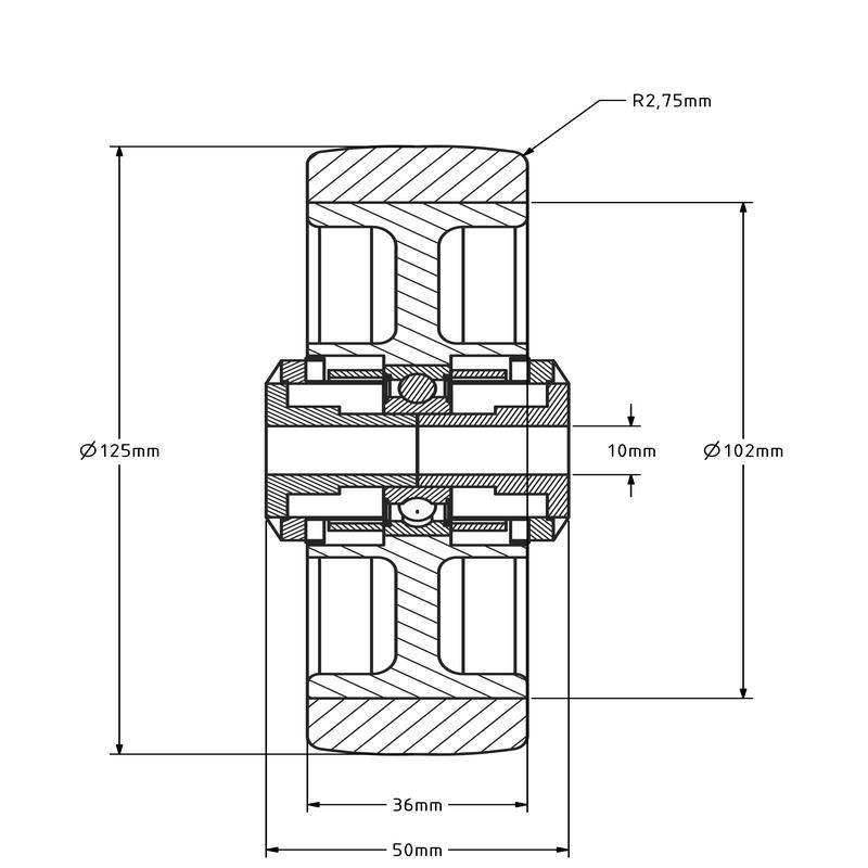 Kóło PU 125 mm - otwór łożyska kulkowego 10 mm - 200 kg