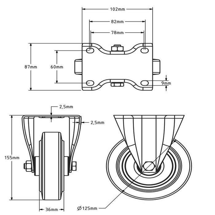 Czarne kółko stałe 125 mm - łożysko wałeczkowe - 200 kg