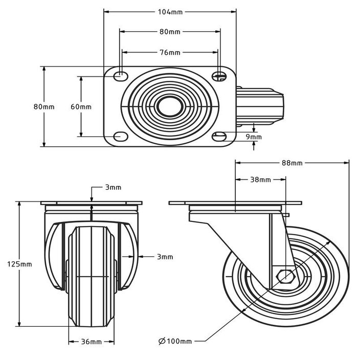 Czarne kółko obrotowe 100 mm - łożysko rolkowe - 150 kg