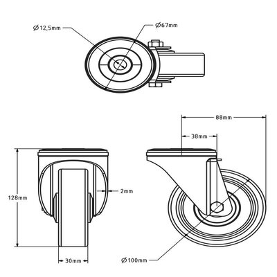 Gumowe kółko obrotowe 100 mm - łożysko kulkowe - 100 kg