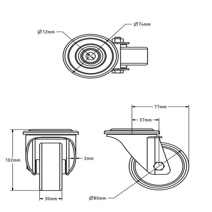 Rvs kółko obrotowe 80 mm - Nylon - 150 kg
