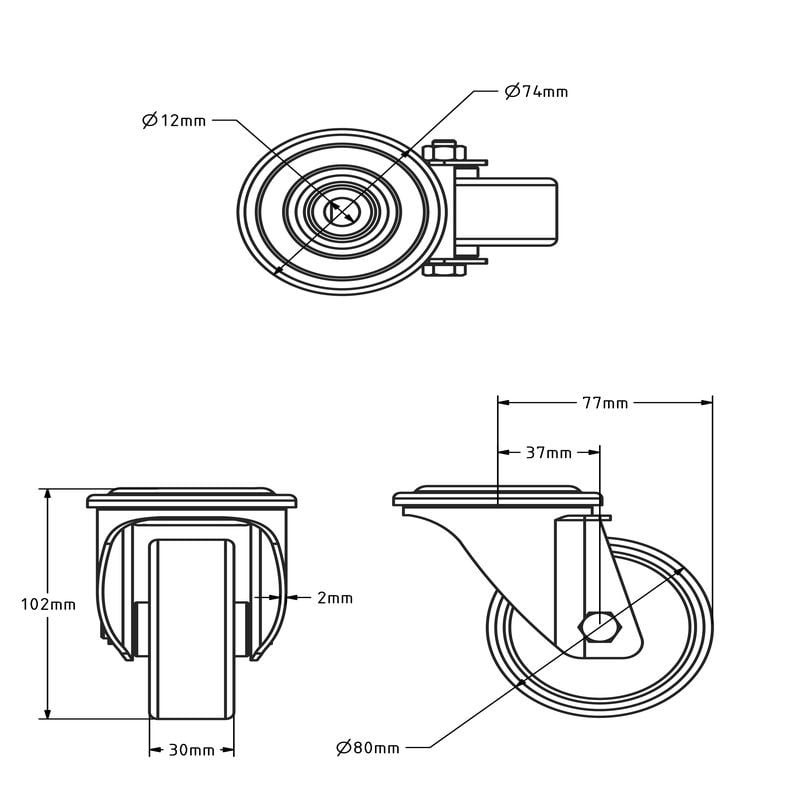 Rvs kółko obrotowe 80 mm - Nylon - 150 kg