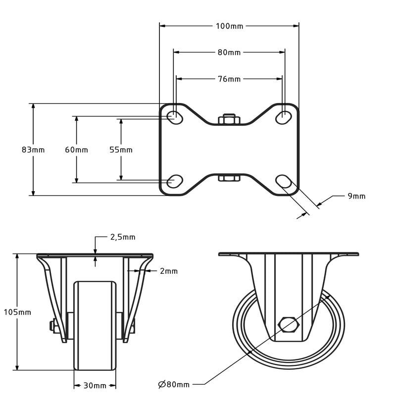 Rvs kółko stałe 80 mm - nylon - 150 kg