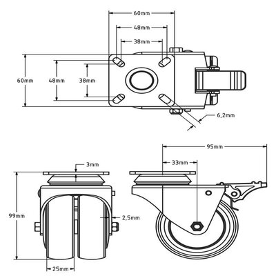 Podwójne Kółko obrotowe z hamulcem 75 mm - łożysko kulkowe - płyta - 120 kg