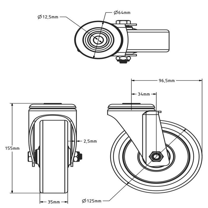 Gumowe kółko obrotowe 125 mm - łożysko kulkowe - 135 kg