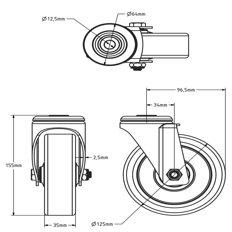 Gumowe kółko obrotowe 125 mm - łożysko kulkowe - 135 kg