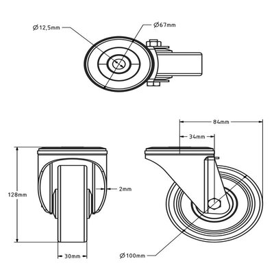Gumowe kółko obrotowe 100 mm - łożysko kulkowe - 100 kg
