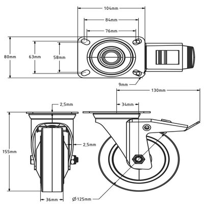 Walizka transportowa - Gumowe kółka z hamulcem 125 mm - 220 kg