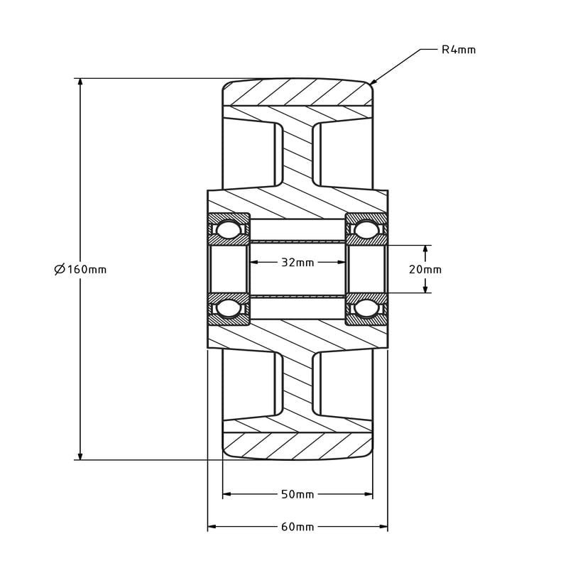 PU kóło 160 mm - łożysko kulkowe otwór 20 mm - 450 kg
