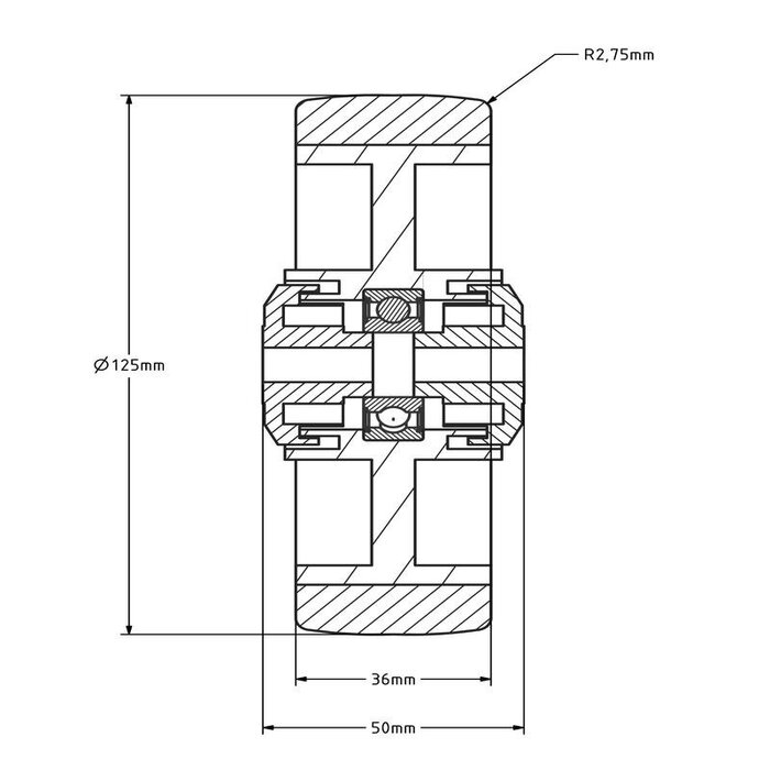 Kóło PU ze stali nierdzewnej 125 mm - otwór łożyska kulkowego 10 mm - 200 kg