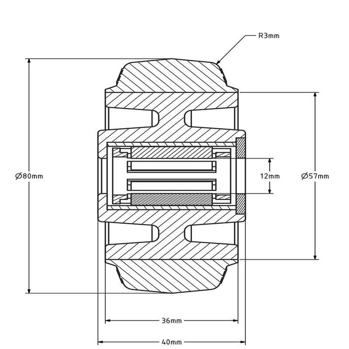 Kółko gumowe 80 mm - otwór łożyska wałeczkowego 12 mm - 110 kg