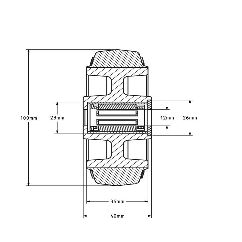 Kółko gumowe 100 mm - otwór łożyska wałeczkowego 12 mm - 160 kg